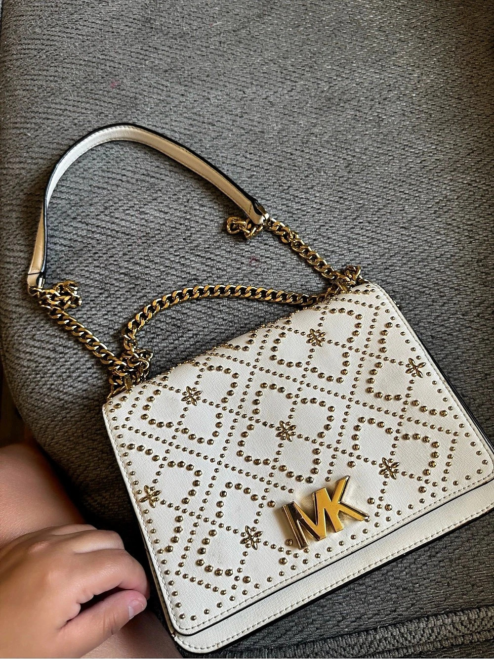 Michael Kors Whitney Large Studded Leather Convertible Shoulder Bag White & Gold